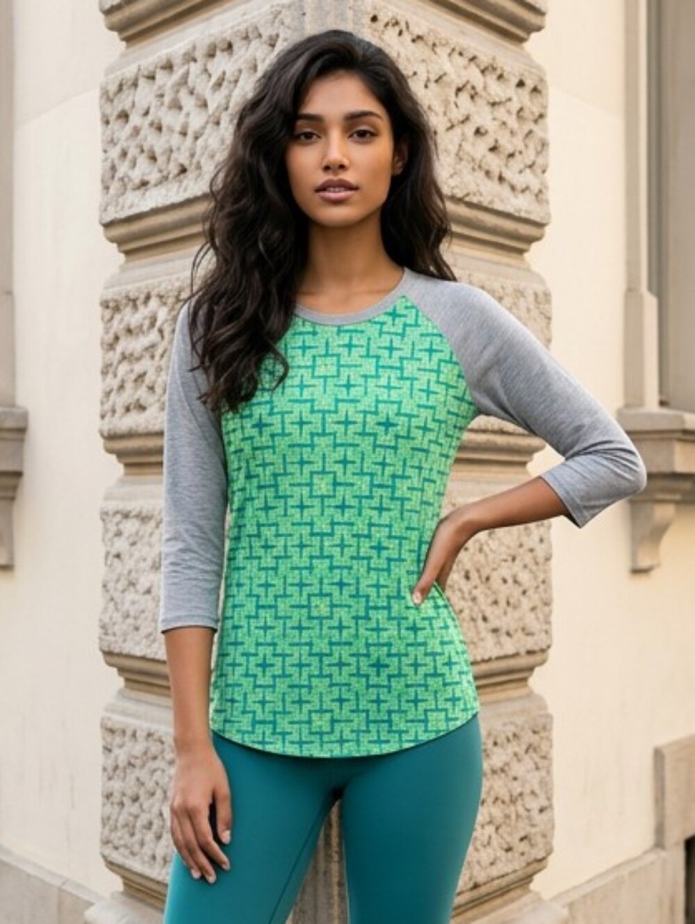 LuLaRoe Randy Tee Unisex Raglan Sleeve Lime Green Gray Shirt Sporty Top Medium
